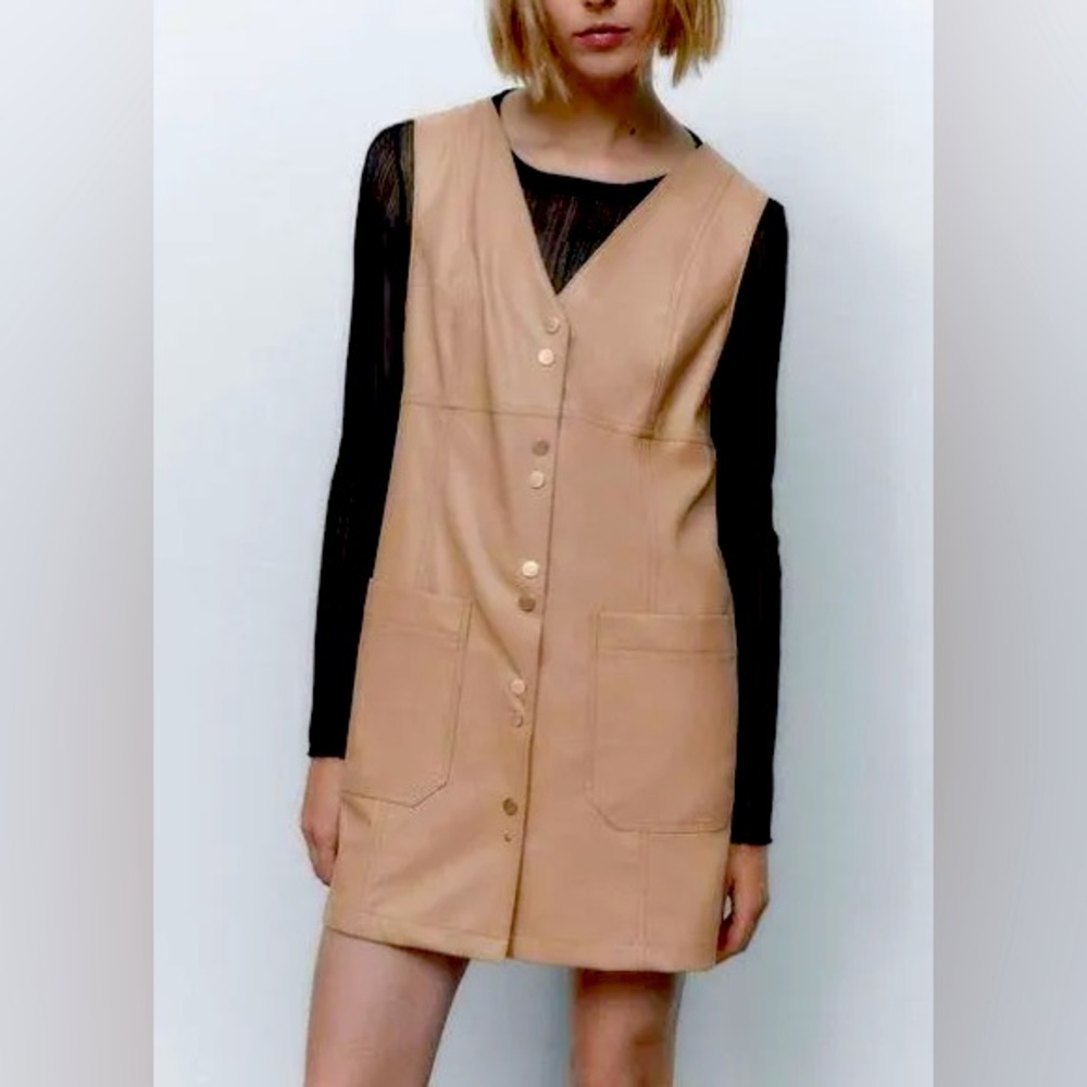 ZARA FAUX LEATHER MINI PINAFORE DRESS in Beige Size XS